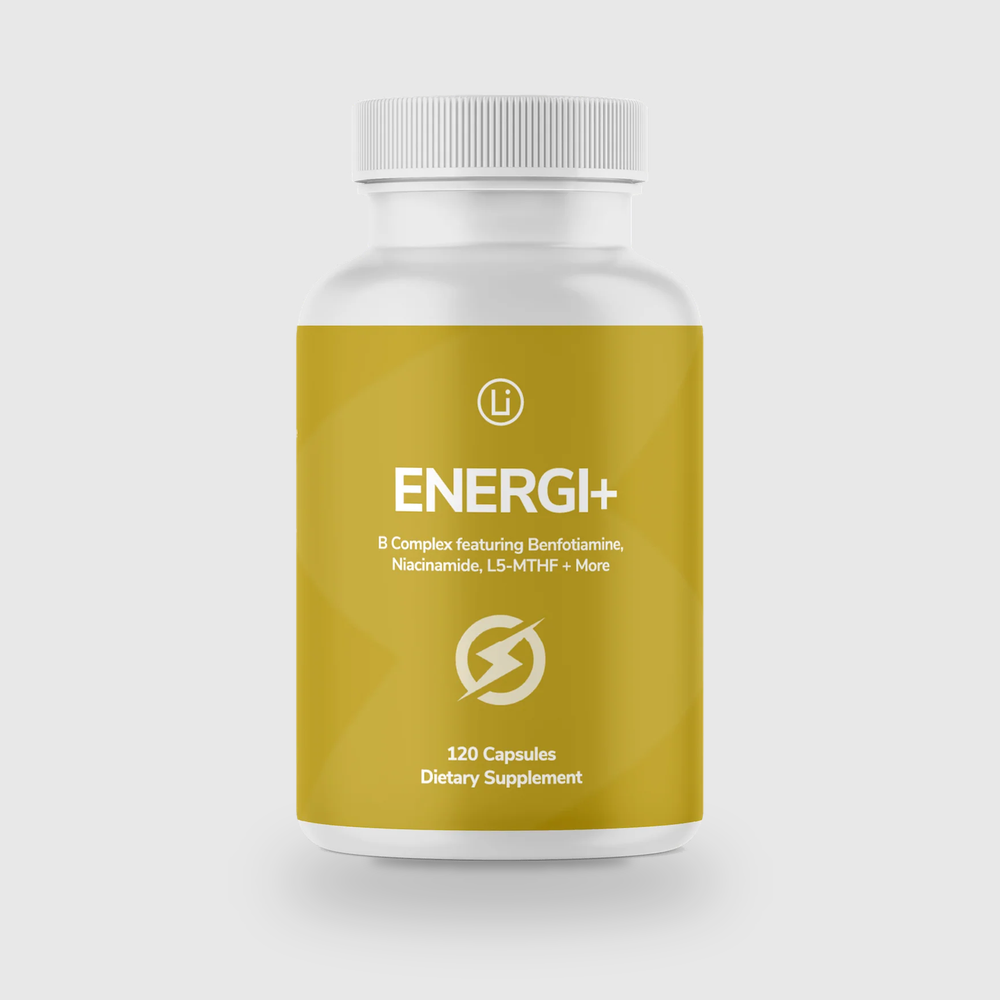 LifeBlud Energi+ bioactive B vitamin supplement bottle for energy and metabolism