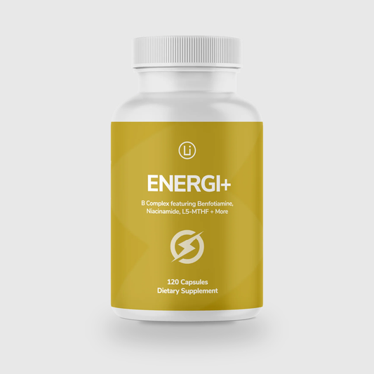 LifeBlud Energi+ bioactive B vitamin supplement bottle for energy and metabolism