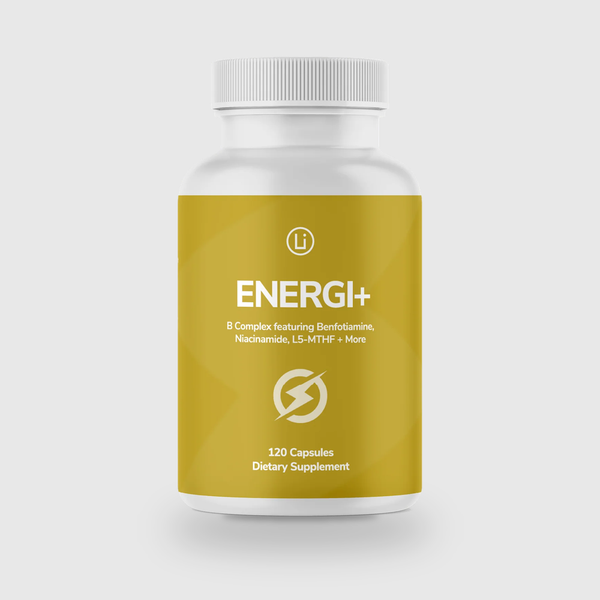 LifeBlud Energi+ bioactive B vitamin supplement bottle for energy and metabolism